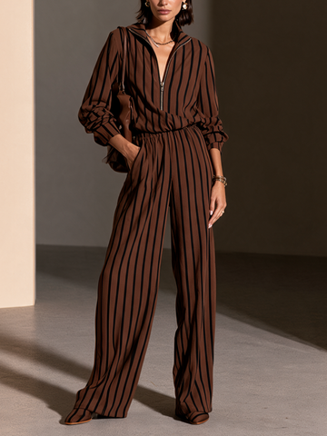 Women's Striped Half-Zip Casual Wide-Leg Pants Set MDZ0151I1GMJ