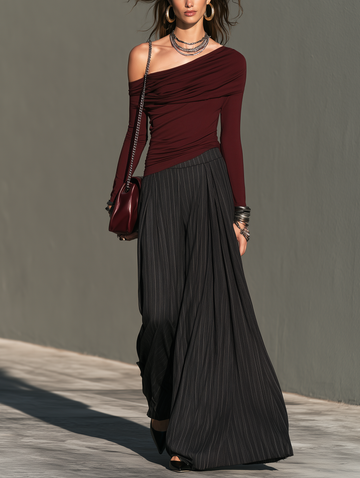 Women's Elegant Burgundy Stretch-Knit One-Shoulder Top And Black Woven Trousers Two-Piece Set MDZ0200I2LXY