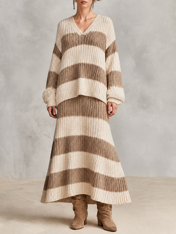 Women's Oversized Striped Ribbed Knit Set For Fall Daily MDZ0349I1LYL