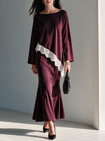 Women's Elegant Lace-Trimmed Burgundy Knit Skirt Set MDZ0325I5ZRK