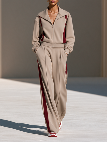 Women's Collared Zip Contrast-Stripe Drop-Shoulder Long-Sleeve Top And Wide-Leg Pants Sporty Set MDZ0182I7CMX