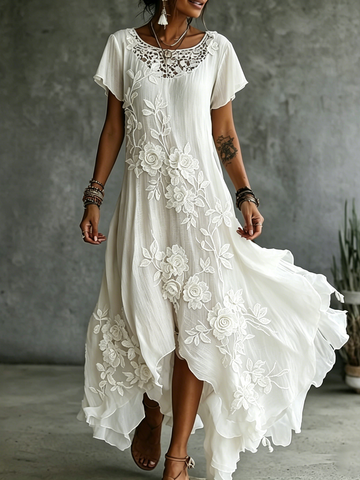 Vintage White Rose Floral Art V Neck Linen Maxi Dress