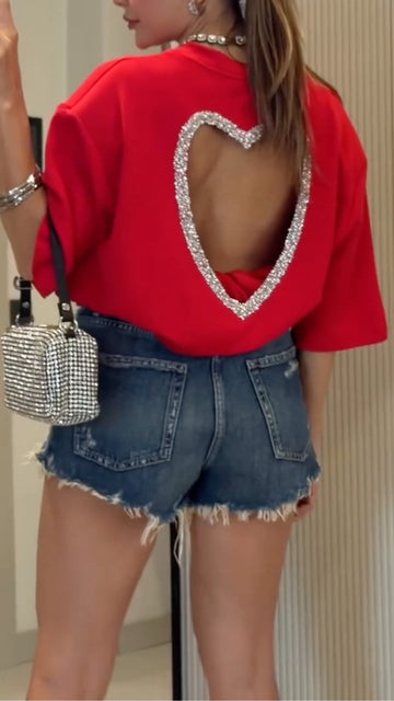 Heart Rhinestone Cutout T‐Shirt & Denim Shorts