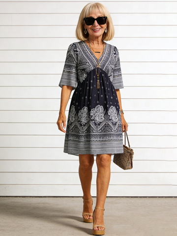 Vacation Deep V Print Casual Ethnic Style Dress