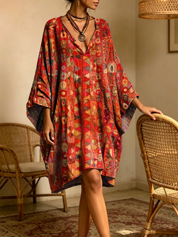 Women's Retro Ethnic Art Print Casual Three-quarter Sleeve V-neck Cotton Linen Short Dress