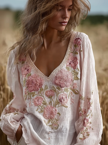 Bohemian Retro Countryside Style Plant Flower Design Cotton And Linen Women's Long-sleeve Shirt