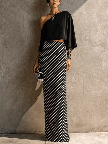 Women's Modern Elegant Black White Knit Cotton Blend One-Shoulder Striped Maxi Skirt Set MDZ2985G7GMJ