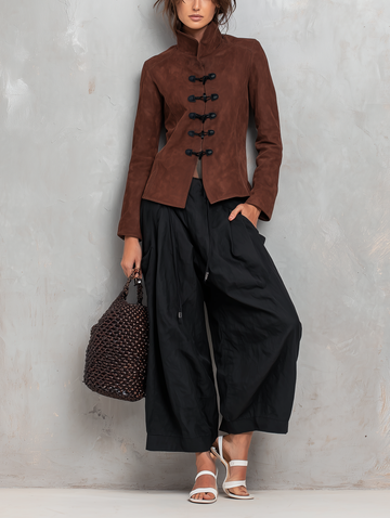 Women's Casual 2-Piece Set Brown Suede Long-sleeve Jacket And Black Woven Trousers MDZ2956G0LXY