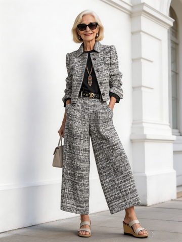 2Pcs Lapel Slim Women's Style Long-sleeved Short Jacket with Wide Leg Pants Set