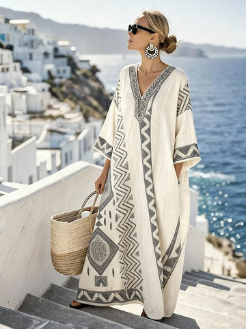 Women'S Casual Color-Block Cotton And Linen Dress