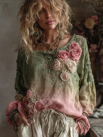 Women's Rose Embroidery Art Long Sleeve Loose T-shirt