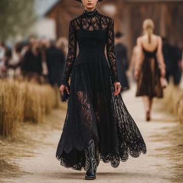 Women's Vintage Elegant Black Lace And Velvet Maxi Dress