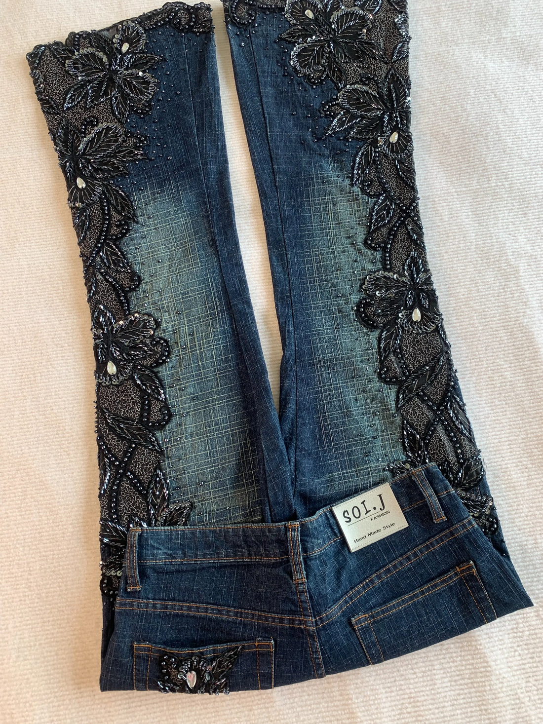 Beaded Floral Embroidery Flare Jeans
