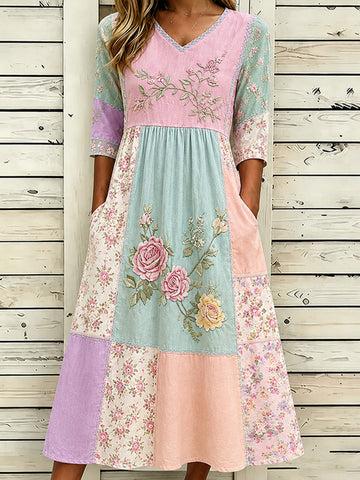 Women's Vintage Flower Embroidery Patchwork Art Linen Casual Dress