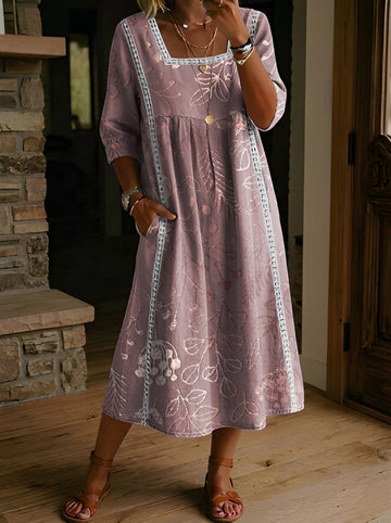Women's Folk Printed Square Neck Hollow Cotton Pocket Dress