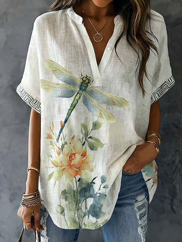 Retro Dragonfly Pattern Linen Blend Short Sleeve Tops
