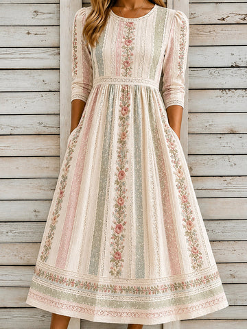 Women's Vintage Floral Patchwork Art Round Neck Midi Dress