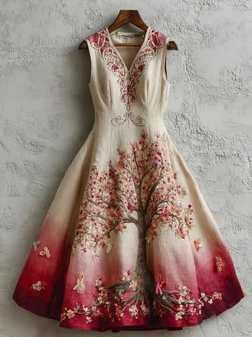 Women's Tree Of Life Pink Ribbon Embroidery Tank Belt Maxi Dress