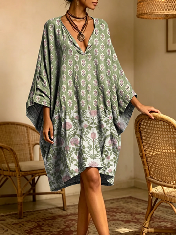 Women's Retro Floral Art Print Casual Three-quarter Sleeve V-neck Cotton Linen Short Dress