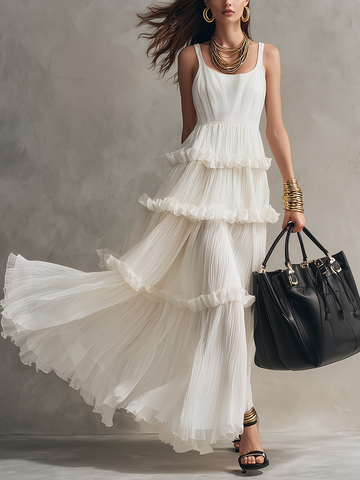 Romantic White U-Neck Pleated Tiered Maxi Dress