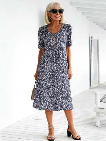 Holiday Style Round Neck Short-sleeved Floral Medium and Long Dress