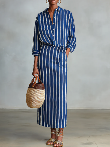 Women's Royal Blue White Stripe Cotton-Blend Co-Ord With Button Front Blouse & Elastic Waist Straight Maxi Skirt, Effortless-Chic Summer Daily Outfit MDZ2304F8LYL