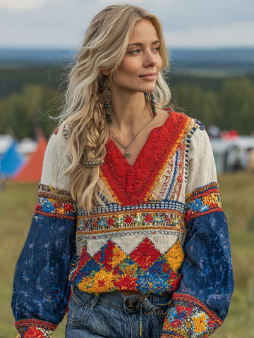 Women's Bohemian Contrast Floral Linen V-neck T-shirt