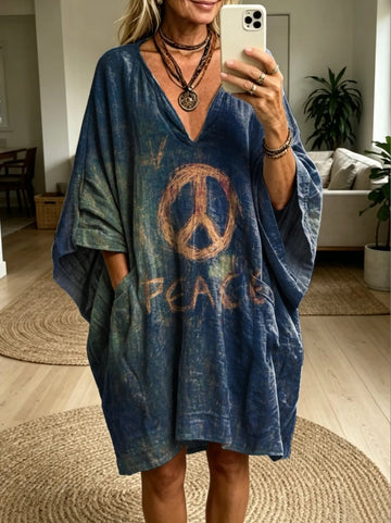 Peace-Print Dolman-Sleeve Dress