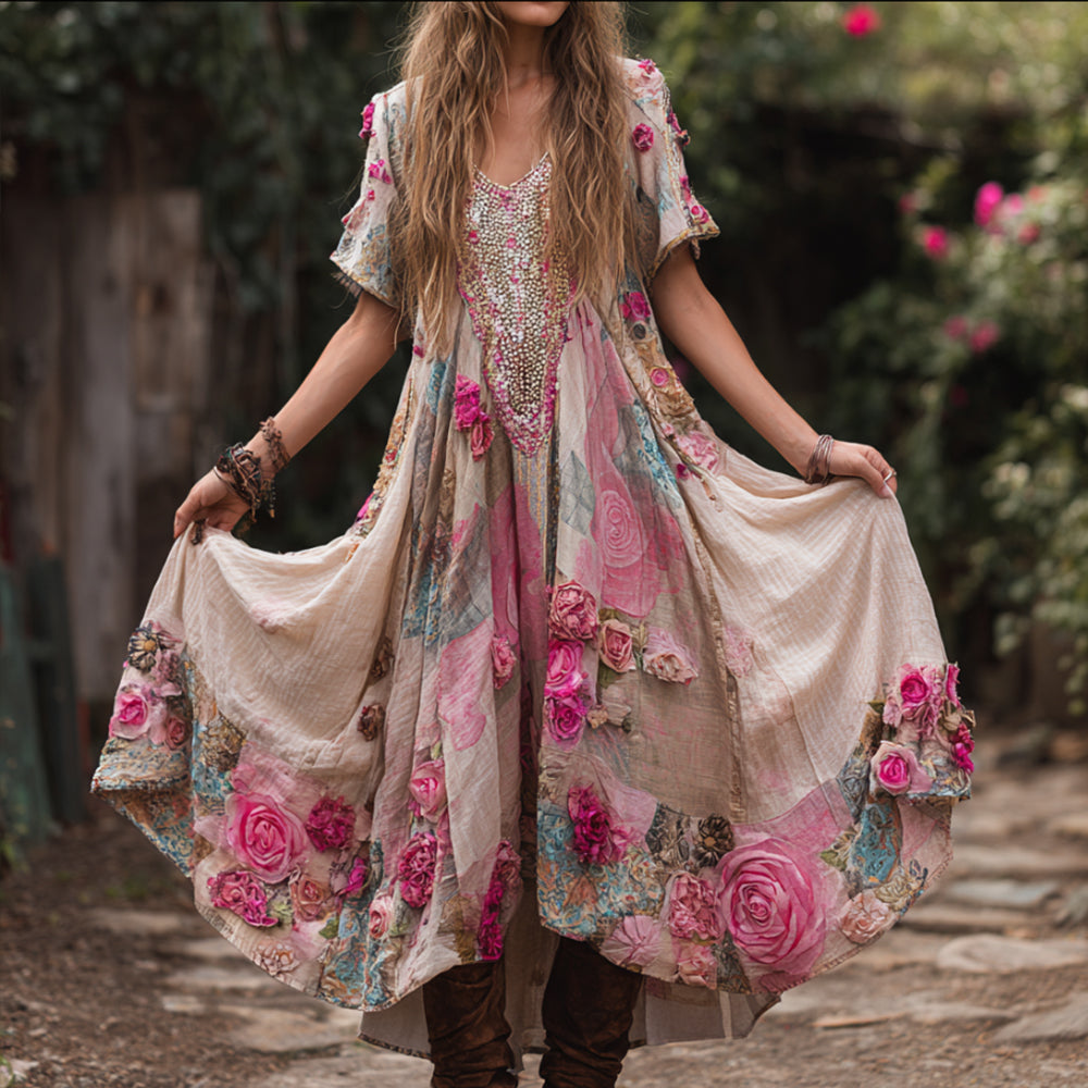 Bohemian Style Three-dimensional Embroidered Rose With Diamond Embellishments, Color-block Dreamy Pink Vintage V-neck Slim Short-sleeved A-line Long Dress
