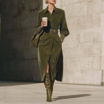 Vintage Velvet Button-Up Green Midi Dress