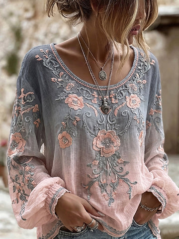 Women's Retro Pink Floral Art Pattern Round Neck Linen Blend T-shirt