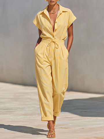 Women's Lemon Vertical Stripe Textured Co-Ord With Front Button Blouse & Side Pocket Tapered Trousers, Effortless-Chic Beach Casual Outfit MDZ2203F4LYL