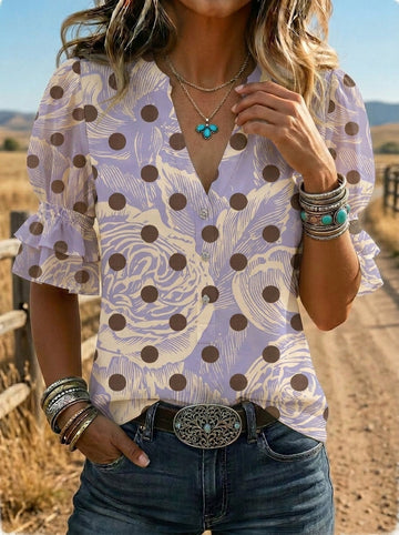 Women's Retro Polka Dot Floral Puff Sleeve Casual Shirt