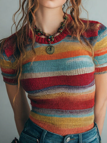 Women's Rainbow Embroidered Art Print Short Sleeve Sweater