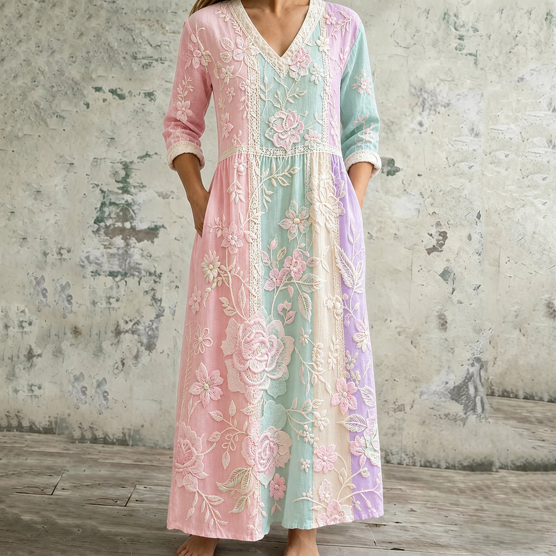 Women's Vintage Floral Patchwork Art Casual Linen Dress