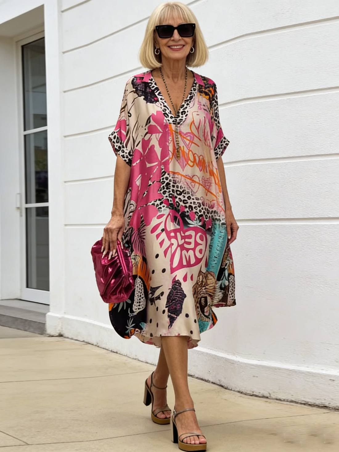 Leopard Print Color Print Deep V Dress