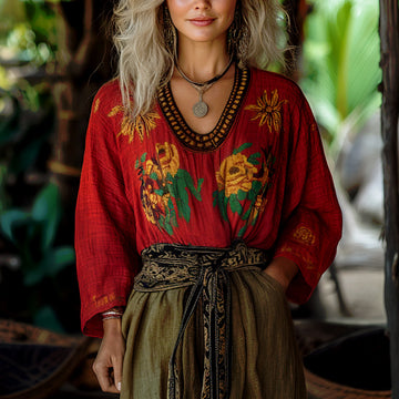 Women's Casual Cotton And Linen Retro Ethnic Style Loose Top Shirt