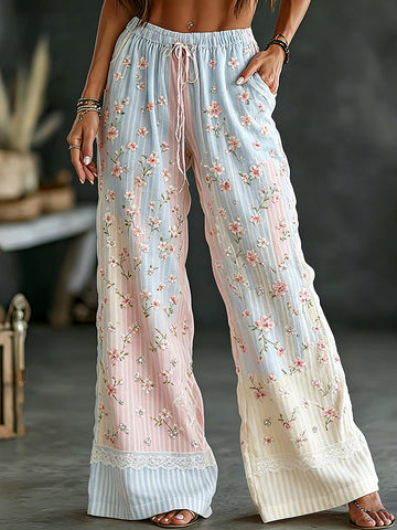 Women's Pink Floral And Lace Art Striped Comfortable Linen Blend Casual Pants