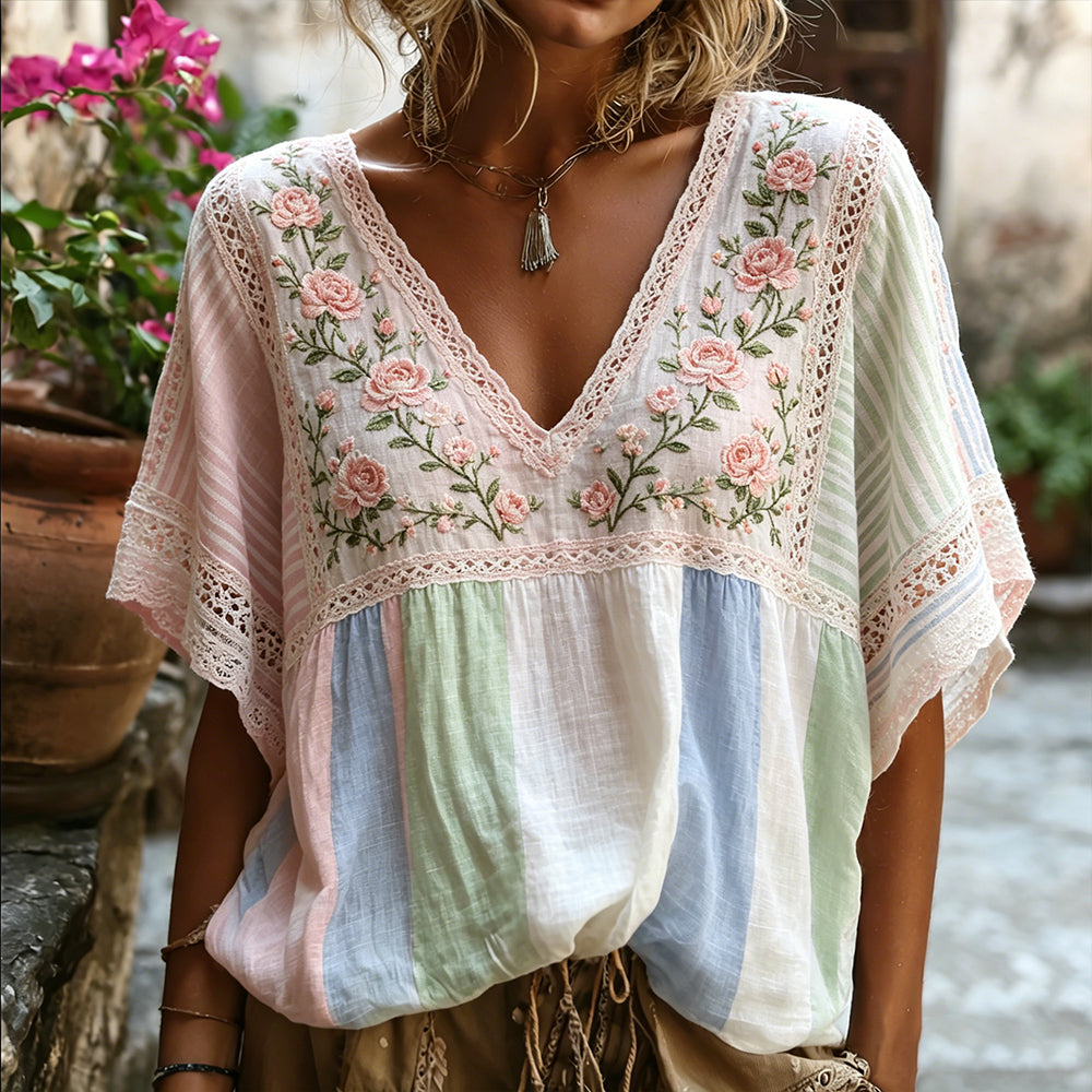 Vintage Rose And Lace Art Embroidery Color-block Splicing Comfortable Cotton Linen V-neck Short Sleeve Top