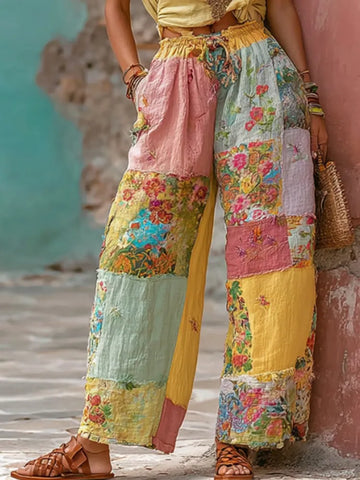 Women's Bohemian Floral Embroidery Patchwork Art Linen Blend Pants