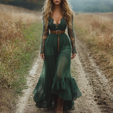 Women's Vintage Lace Long Sleeve Dress | Pastoral Maxi Dress - An Elegant Fall Essential