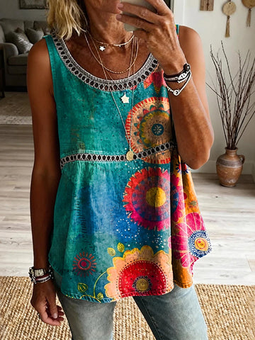 Women's Retro Cotton Floral Art Print Casual Sleeveless Hollow-out Cotton Linen Vest