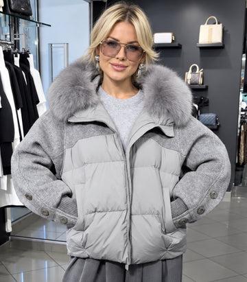 Grey Patchwork Fur Collar Puffer Coat