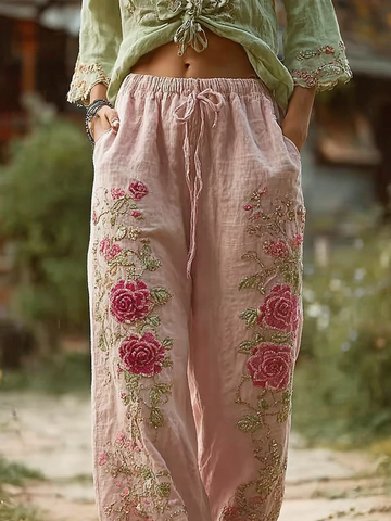 Bohemian Style Retro Pink Rose Casual Cotton And Linen Long Pants