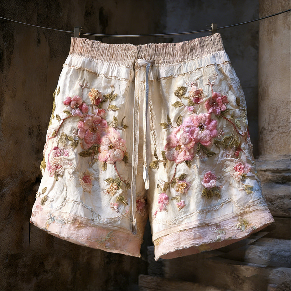 Vintage Pink Floral Art Embroidery Cotton Linen Casual Color-block Washed Shorts