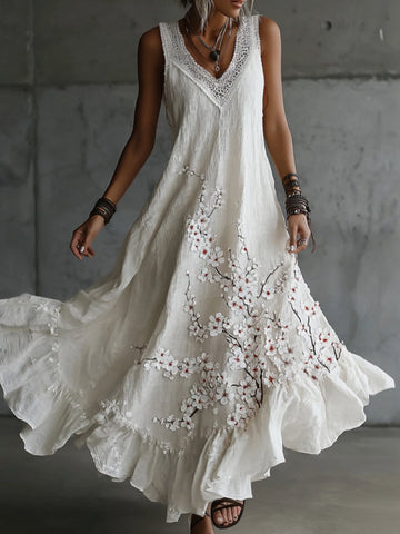 Vintage Japanese Cherry Blossoms Art V Neck Linen Sleeveless Maxi Dress