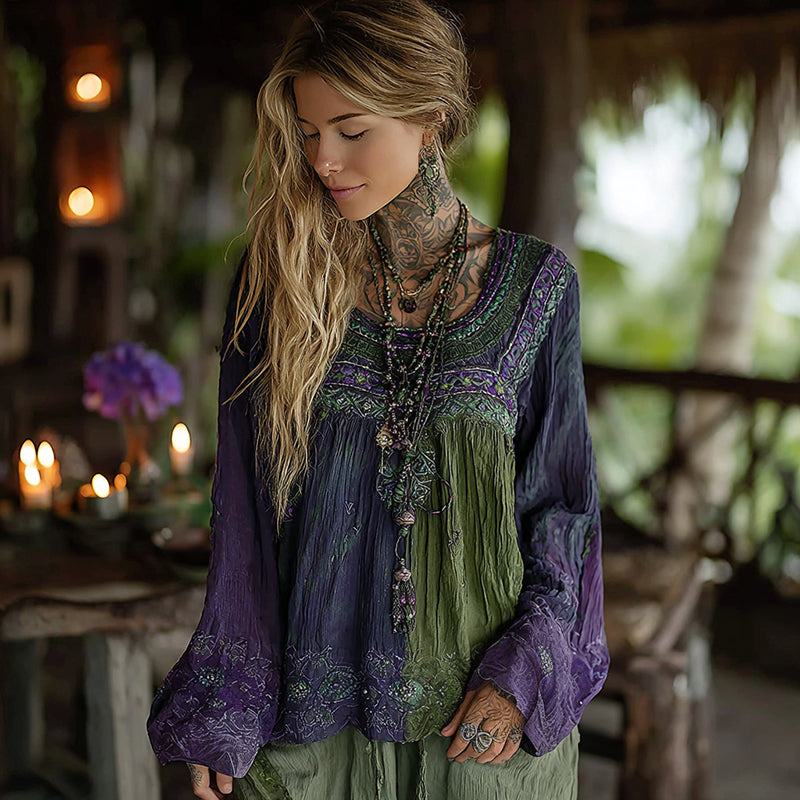 Women's Boho Tribal Ethnic Print Round-neck Linen Blend Tops