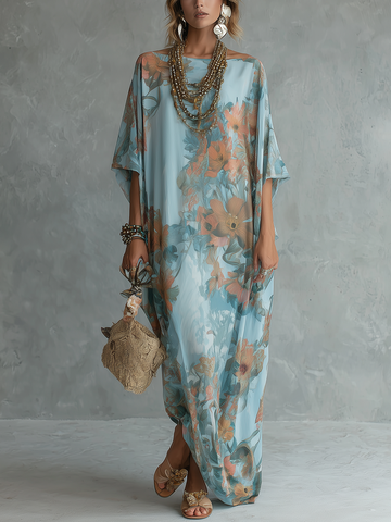 Bohemian Style Sky Blue Floral Print Loose Long Dress