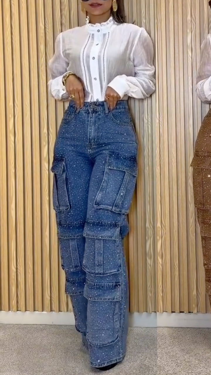 Rhinestone Multi Pocket Cargo Wide Leg Jeans