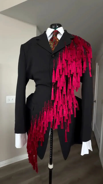 Black Blazer With Red Tassel Fringe Details